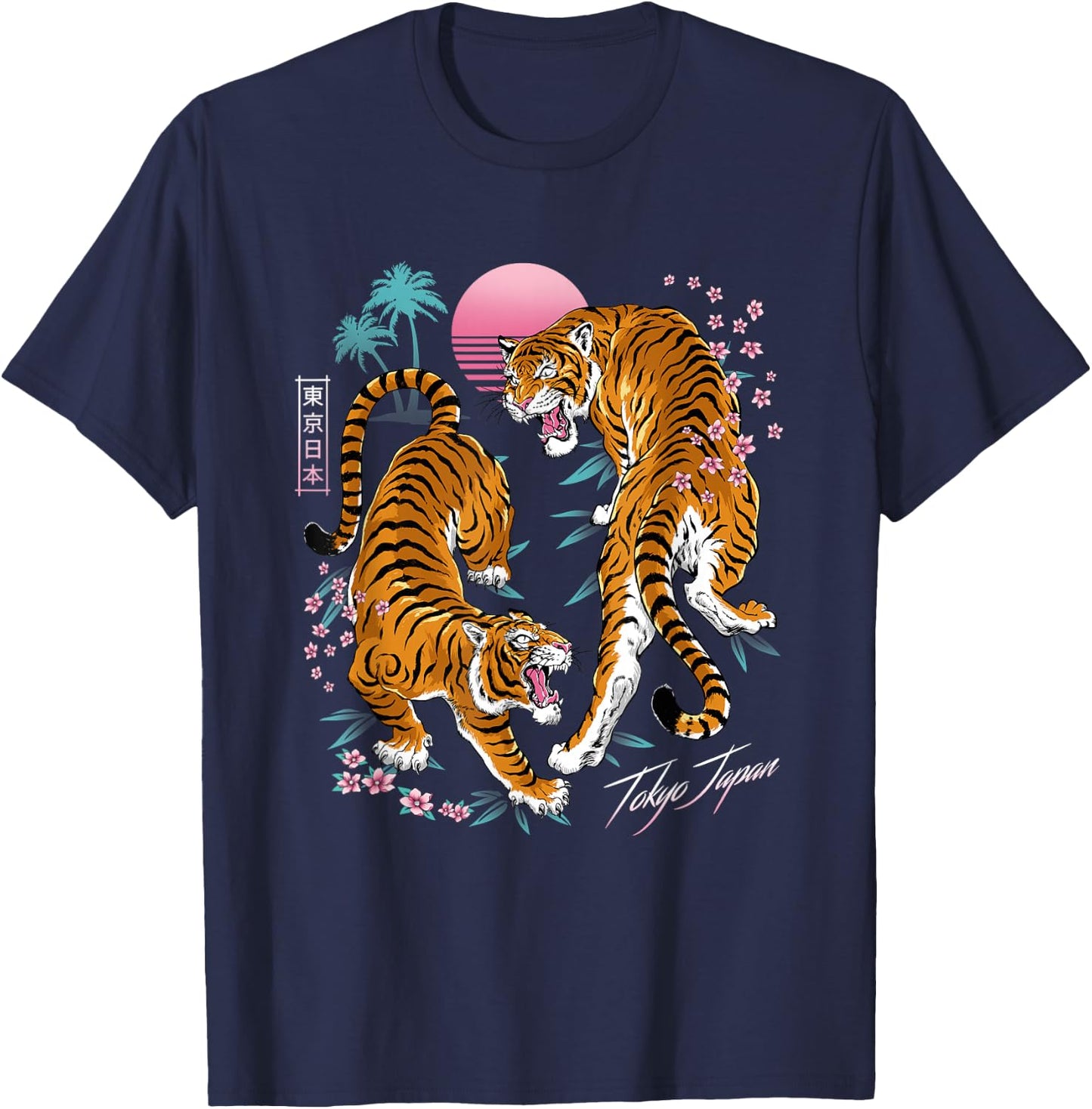 Pop Cult Women's Tokyo Dueling Asian Tigers Retro 80's Vaporwave - Black Tiger Print Short Sleeve - Small T-Shirt - T-Shirt | Navy
