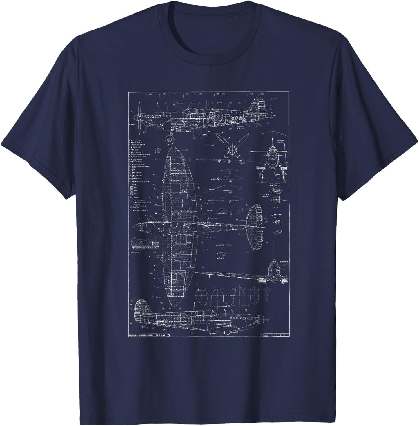 Spitfire IX WWII Blueprint Series Fighter Airplane T-Shirt - T-Shirt | Navy
