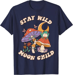 Vintage Retro Stay Wild Moon Child Frog Mushroom Hippie T-Shirt - T-Shirt | Navy
