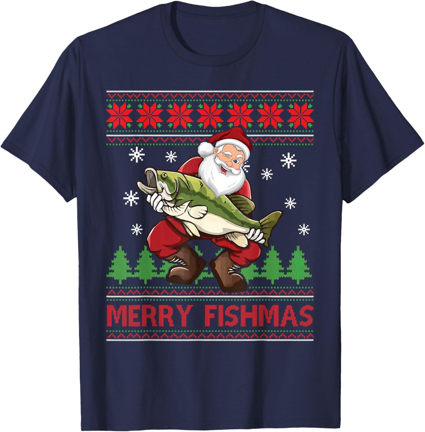 Merry Fishmas Santa Fishing Ugly Christmas Sweater Style T-Shirt - T-Shirt | Navy