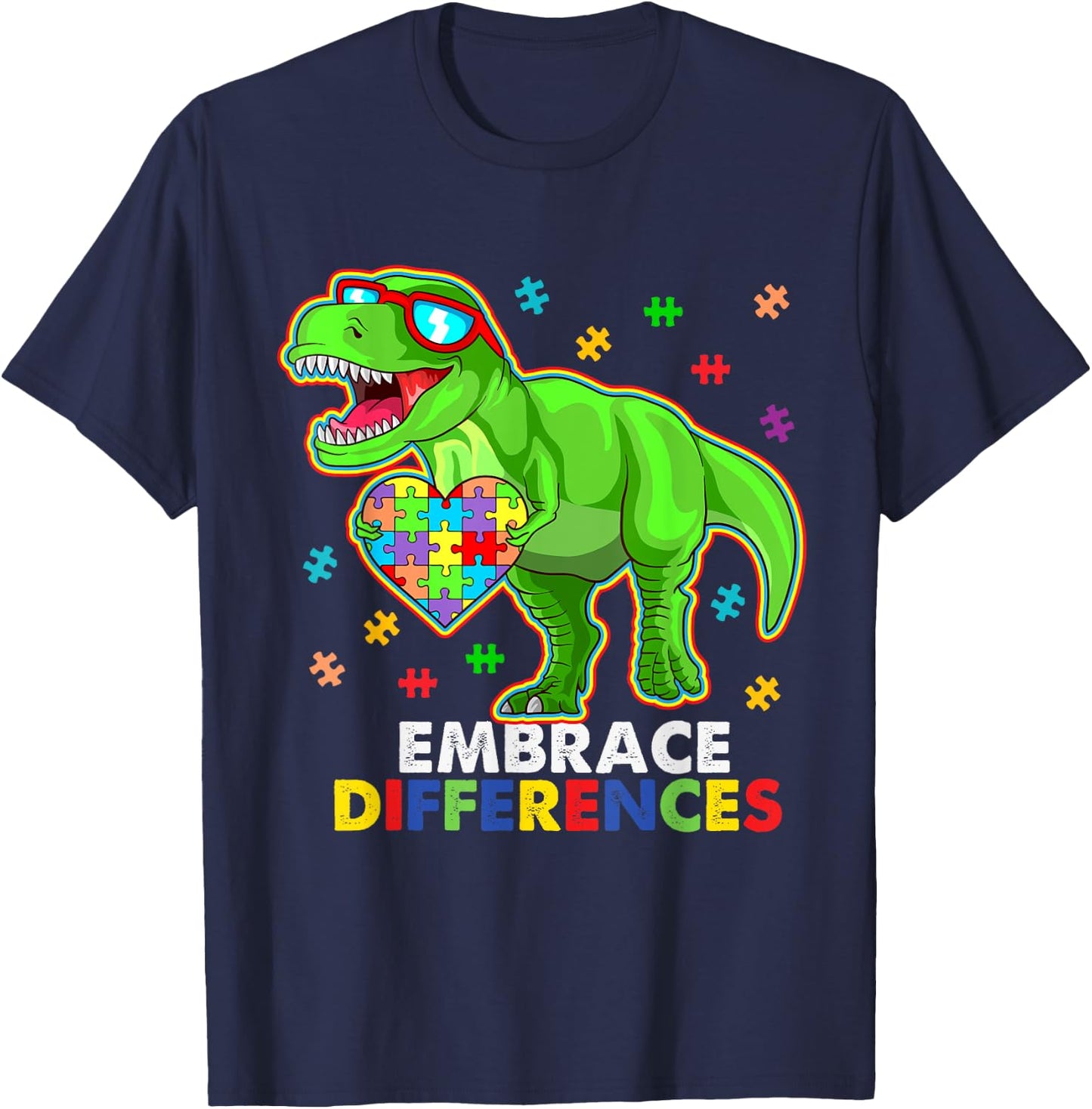 Embrace Differences- Autism Awareness Dinosaur Puzzle Piece T-Shirt - T-Shirt | Navy