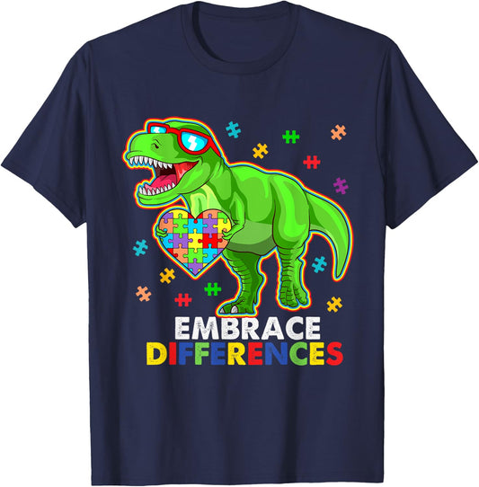 Embrace Differences- Autism Awareness Dinosaur Puzzle Piece T-Shirt - T-Shirt | Navy