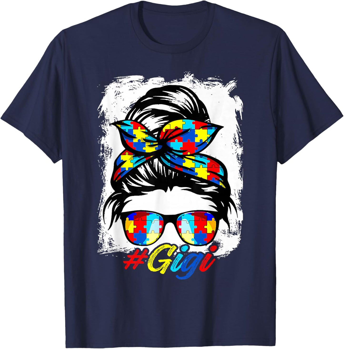 Messy Bun Bandana Gigi Ladies Girls Women Autism Awareness T-Shirt - T-Shirt | Navy