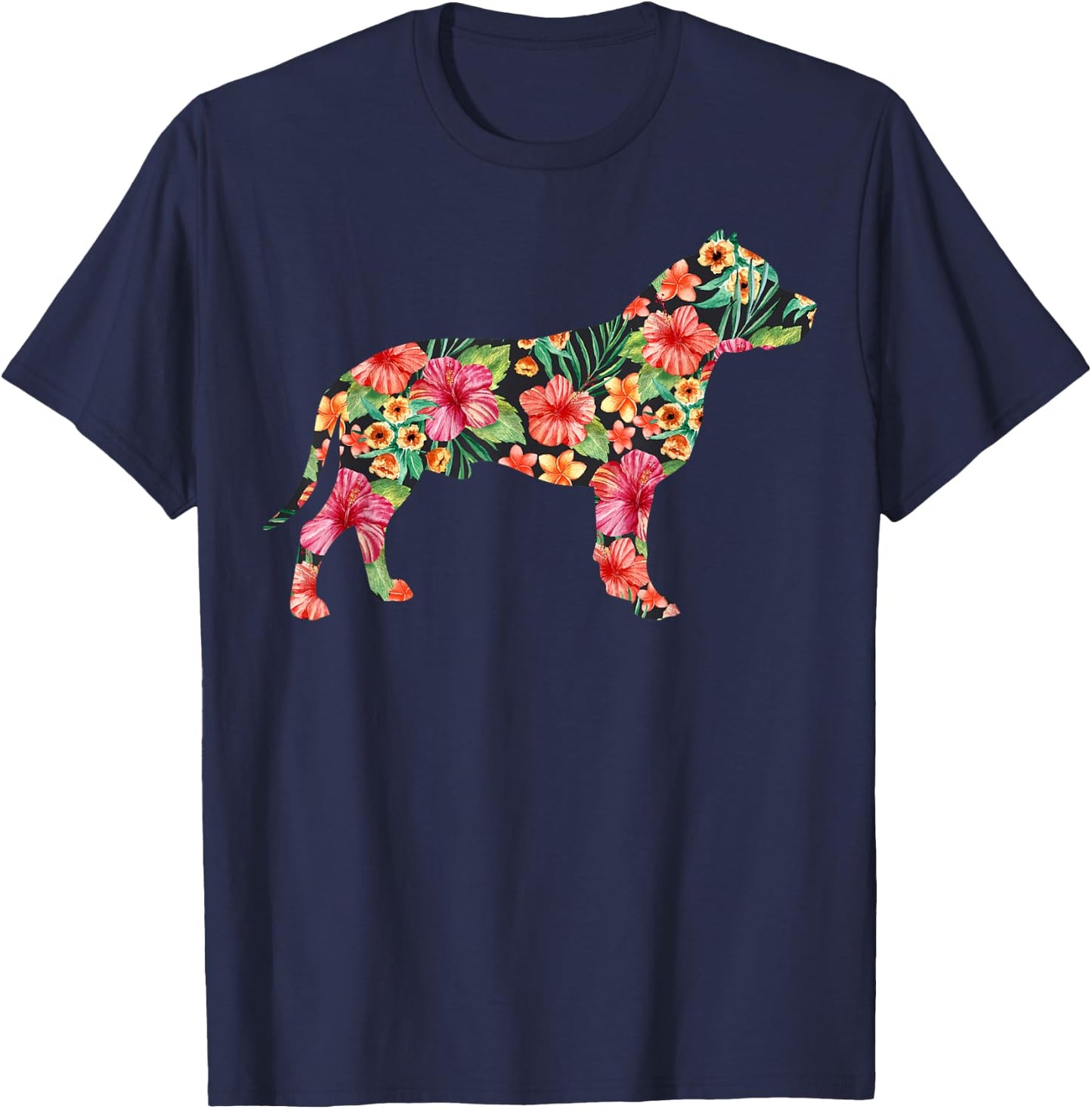 Pit Bull Flower Funny Dog Silhouette Floral Gifts Women Men T-Shirt - T-Shirt | Navy