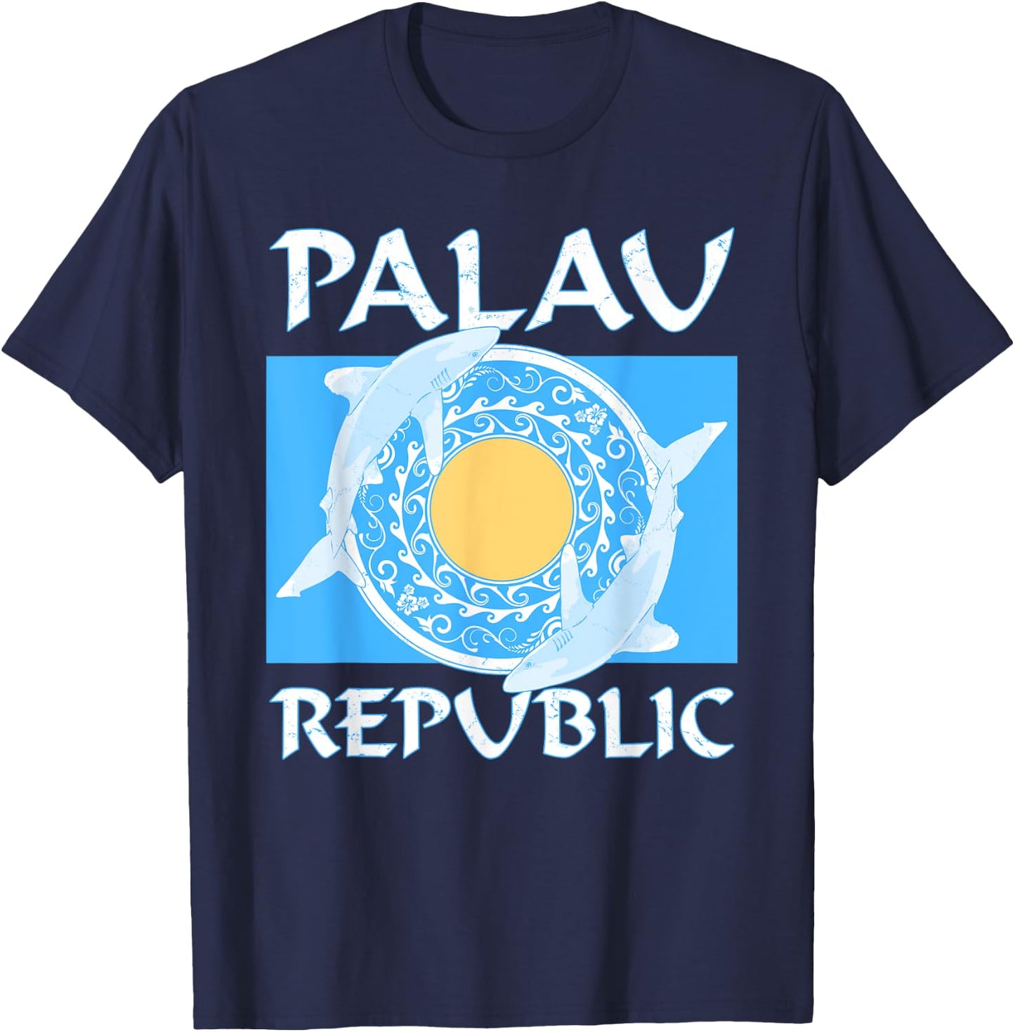 Oceanic Whitetip Sharks on Palauan Flag of Palau T-Shirt - T-Shirt | Navy
