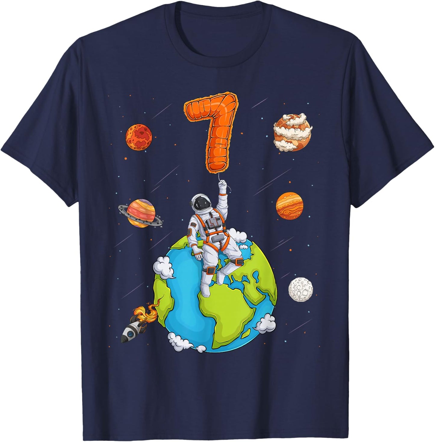 Astronaut Planets Space 7 Seven Years Old 7th Birthday Boys T-Shirt - T-Shirt | Navy