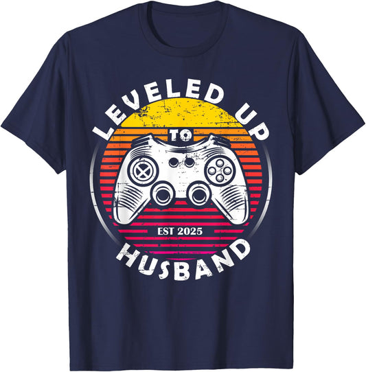 Promoted to Husband Gift - Leveling Up to Husband Est 2025 T-Shirt - T-Shirt | Navy