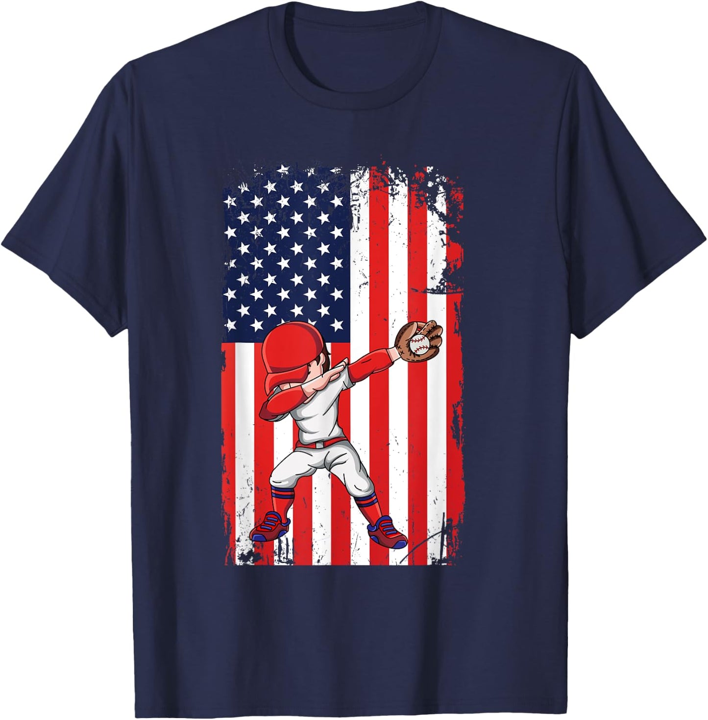 Baseballer Sports Athlete US Flag Dabbing Baseball Player T-Shirt - T-Shirt | Navy