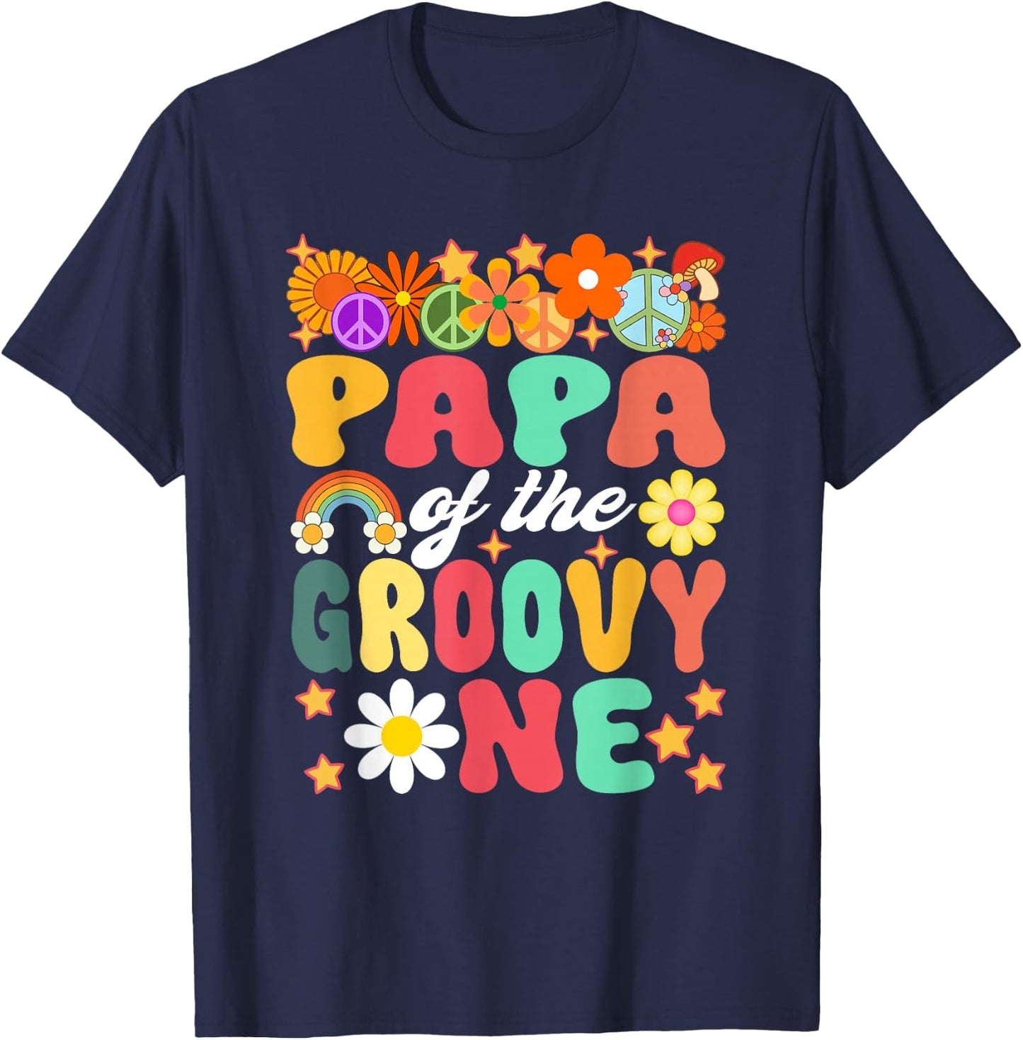 Retro Papa of Groovy One Matching Family 1st Birthday T-Shirt - T-Shirt | Navy