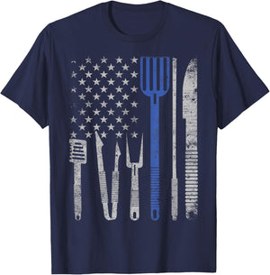 BBQ Grill pork with USA flag Cooking Chef t shirt Men Women T-Shirt - T-Shirt | Navy