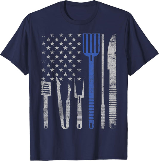 BBQ Grill pork with USA flag Cooking Chef t shirt Men Women T-Shirt - T-Shirt | Navy