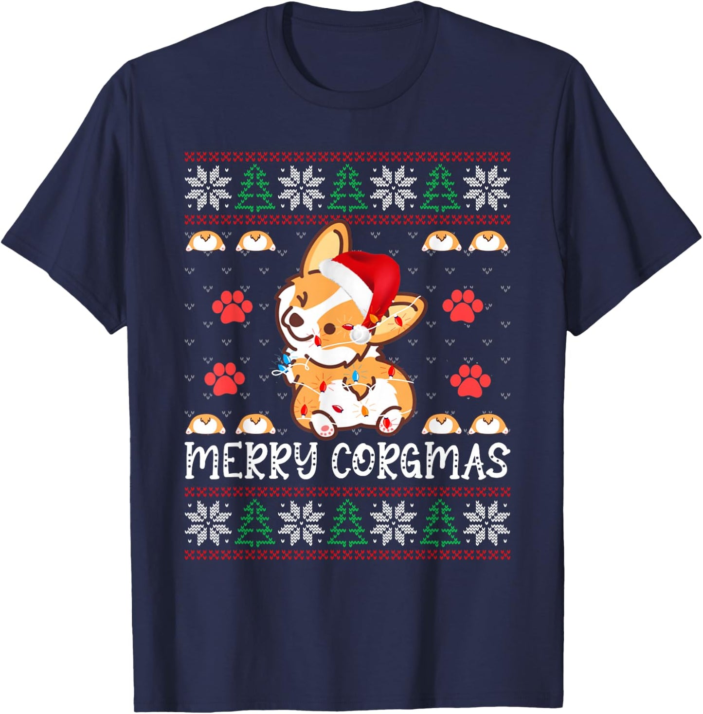 Merry Corgmas Santa Claus Corgi Dog Xmas Tree Ugly Christmas T-Shirt - T-Shirt | Navy