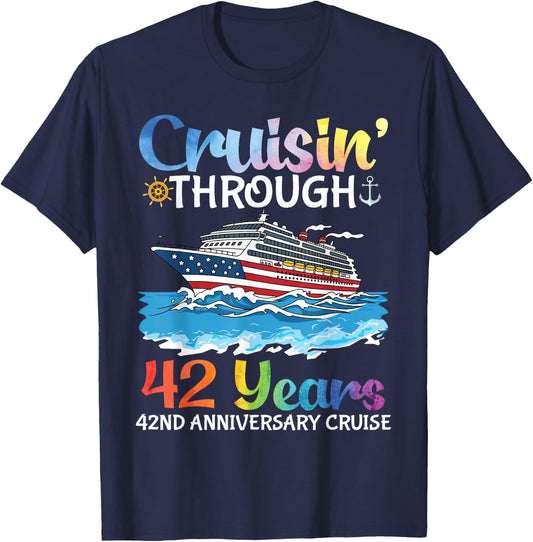 Cruising Through 42 Years 42nd Wedding Anniversary Vacation T-Shirt - T-Shirt | Navy