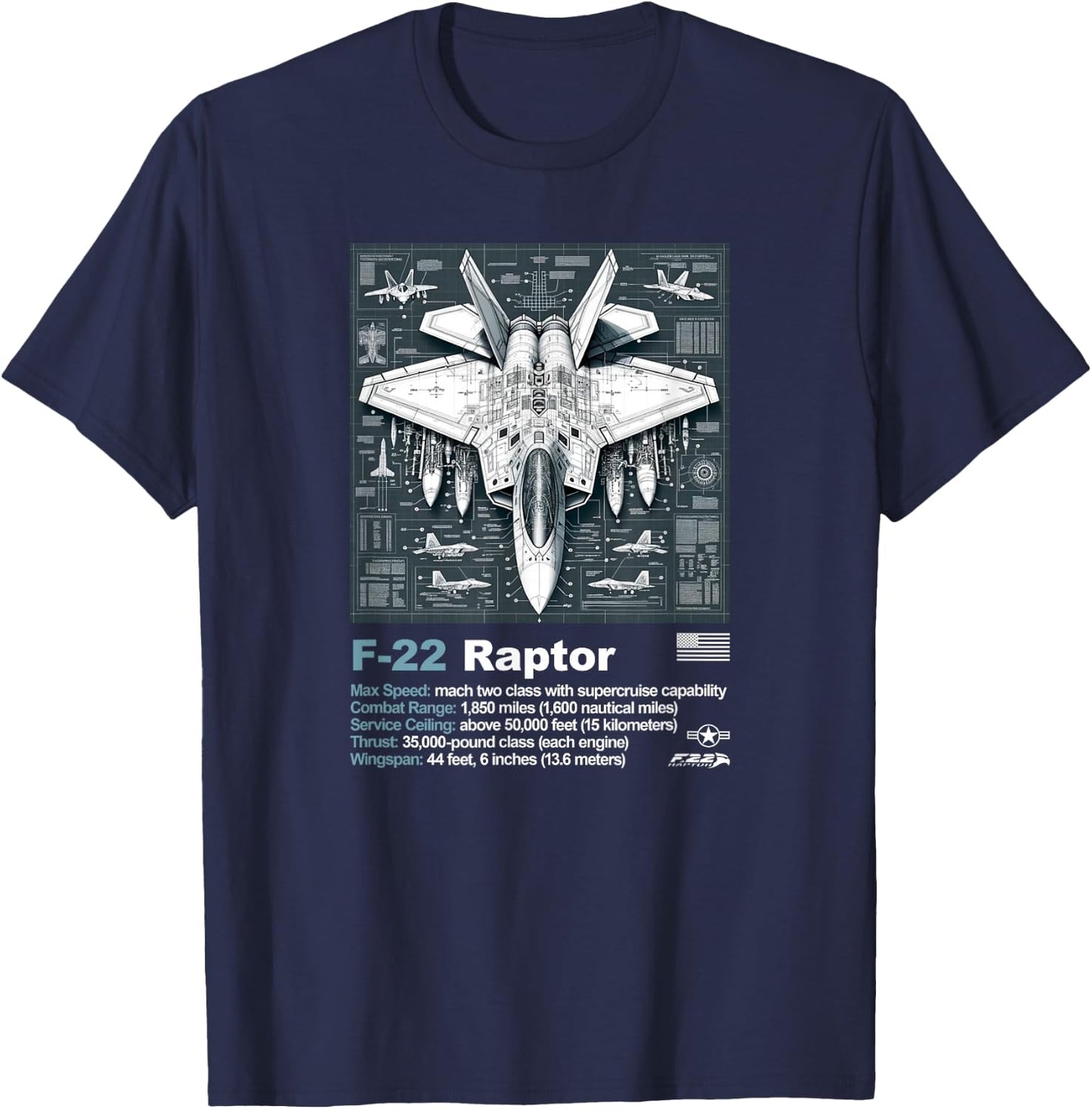 F-22 Raptor Blueprint Technical Schematic - Aviation Art T-Shirt - T-Shirt | Navy