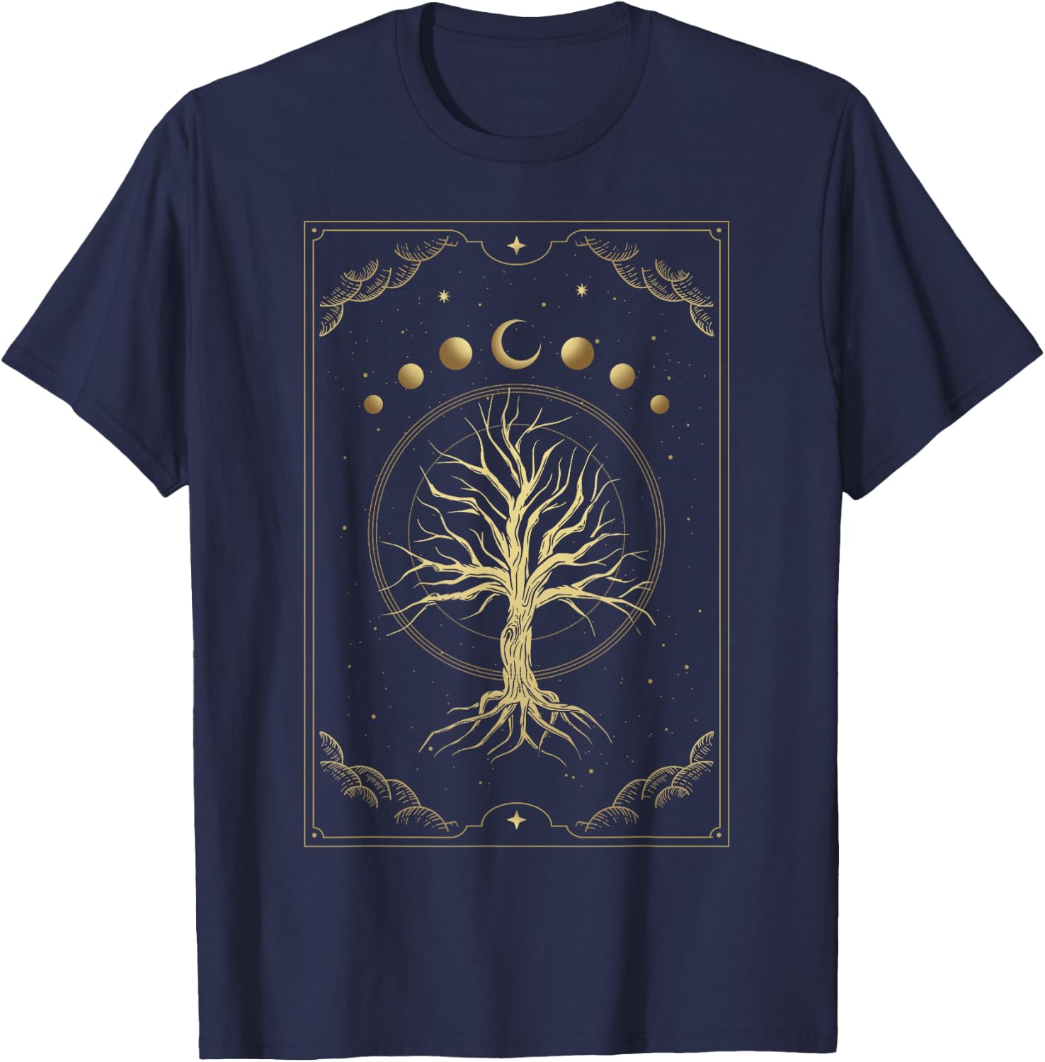 Magical Sacred Tree With Celestial Moon Phase And Star T-Shirt - T-Shirt | Navy