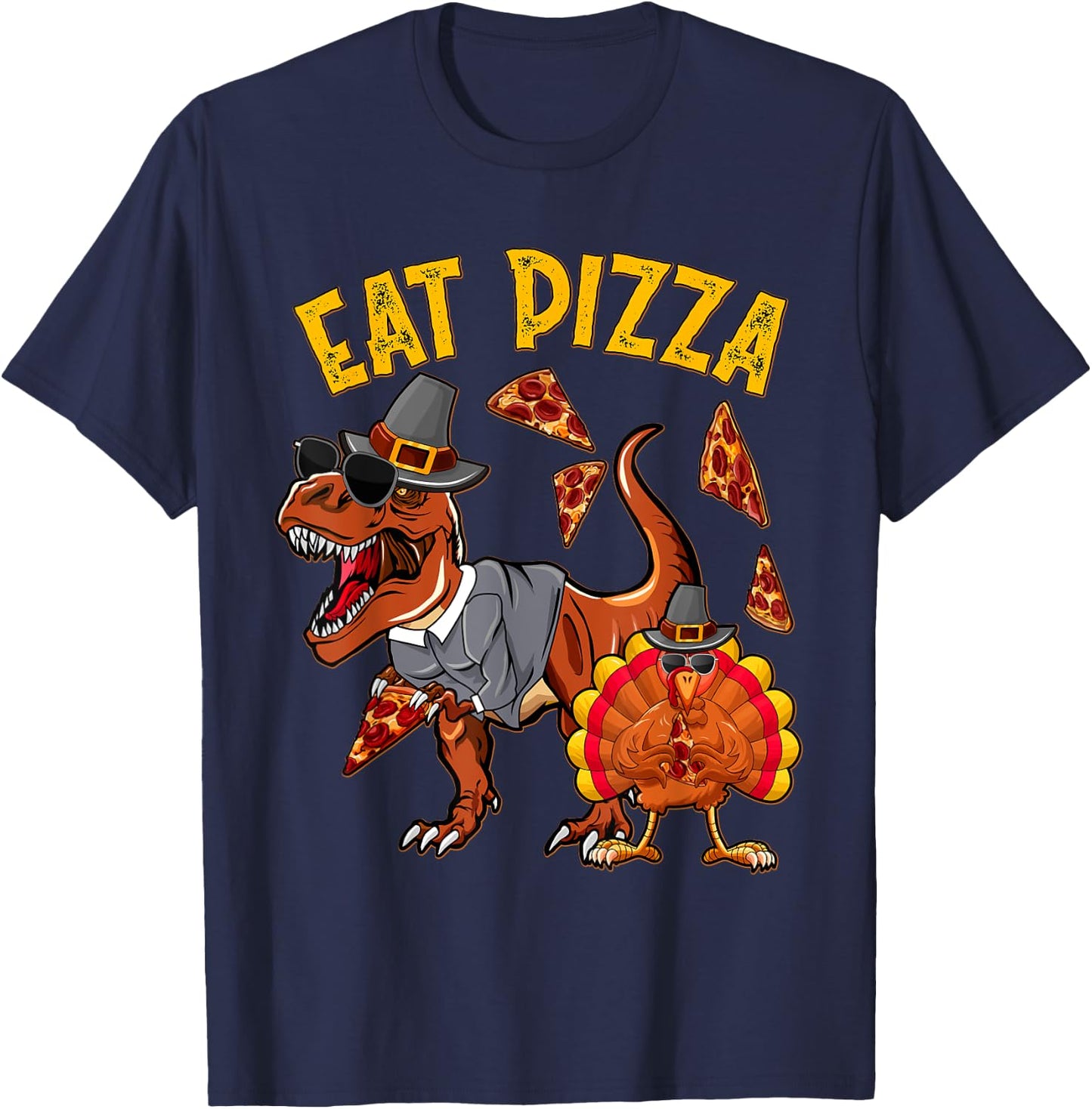 Eat Pizza Funny Turkey T Rex Youth Thanksgiving Boys Toddler T-Shirt - T-Shirt | Navy