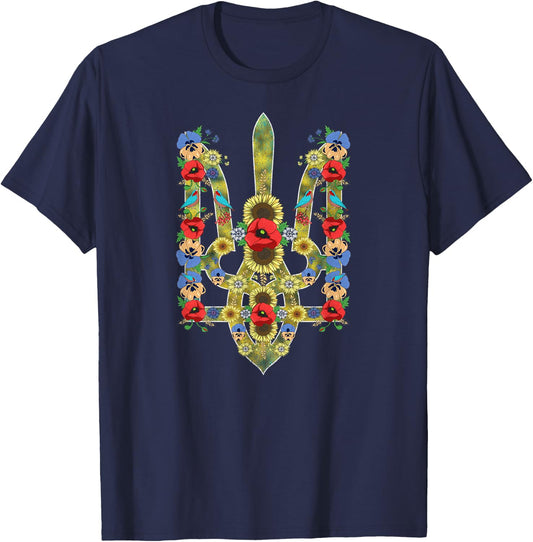 Ukrainian Trysub Sunflower Retro Floral Ukraine Vyshyvanka T-Shirt - T-Shirt | Navy