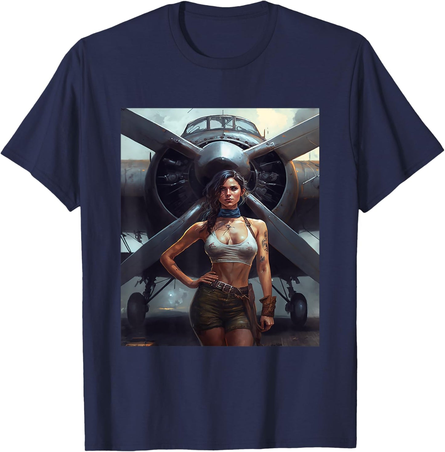 Strong Military Pinup Woman With Tattoos Airplane Retro Art T-Shirt - T-Shirt | Navy