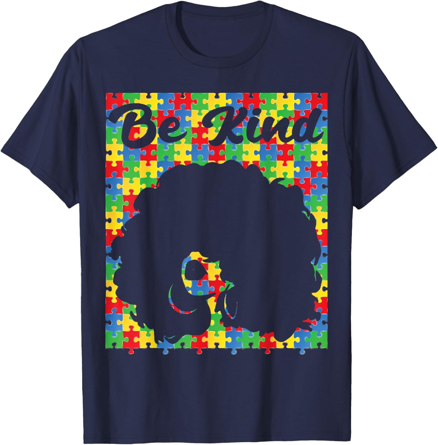 Be Kind Autism Awareness Afro Girl African american puzzle T-Shirt - T-Shirt | Navy