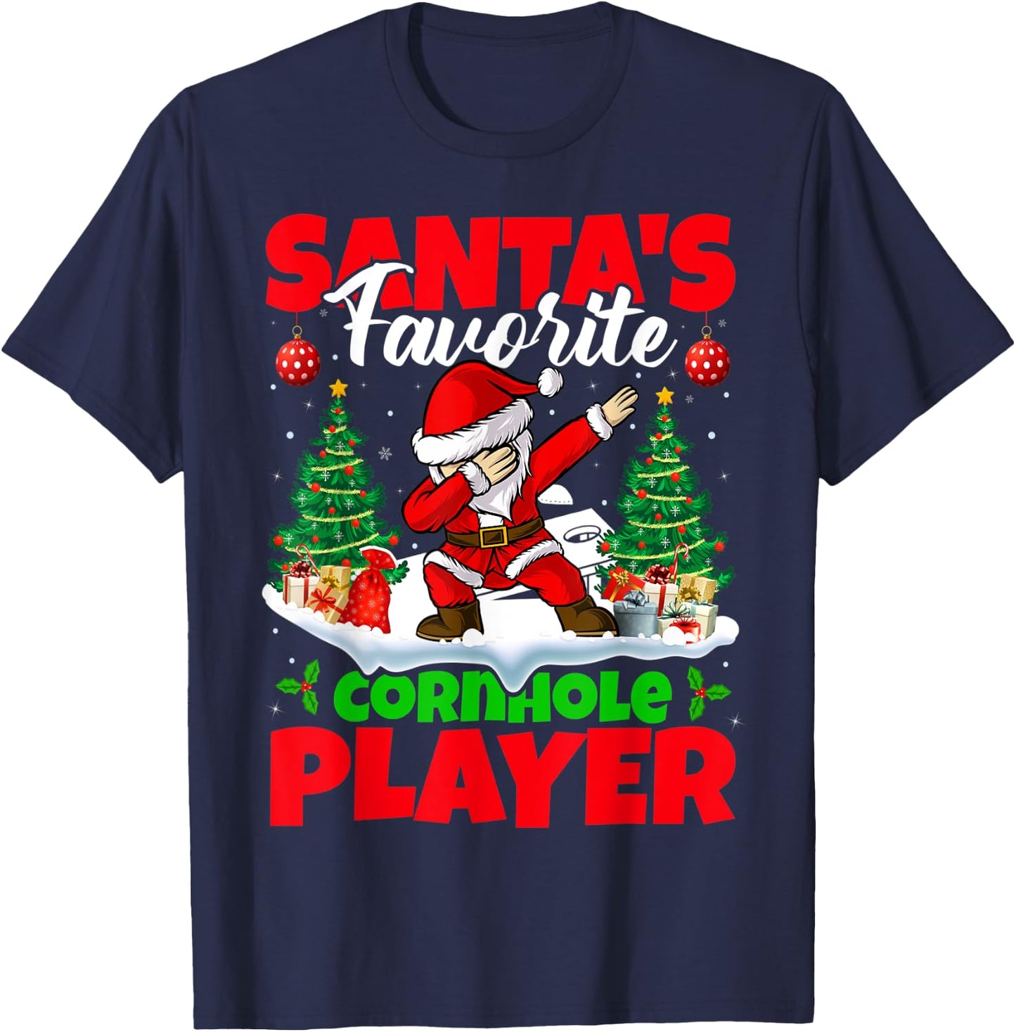 Xmas Dabbing Santa's Favorite Cornhole Player Christmas T-Shirt - T-Shirt | Navy