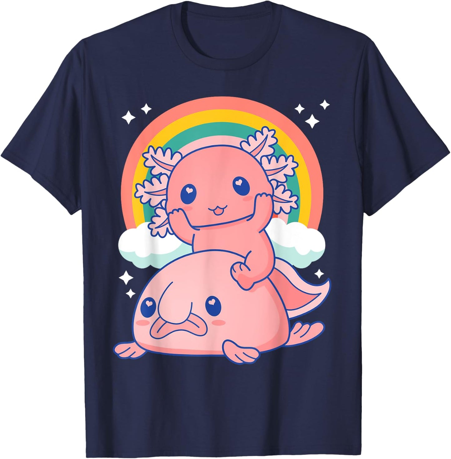 Cute Kawaii Pink Axolotl Riding a Blob Fish T-Shirt - T-Shirt | Navy