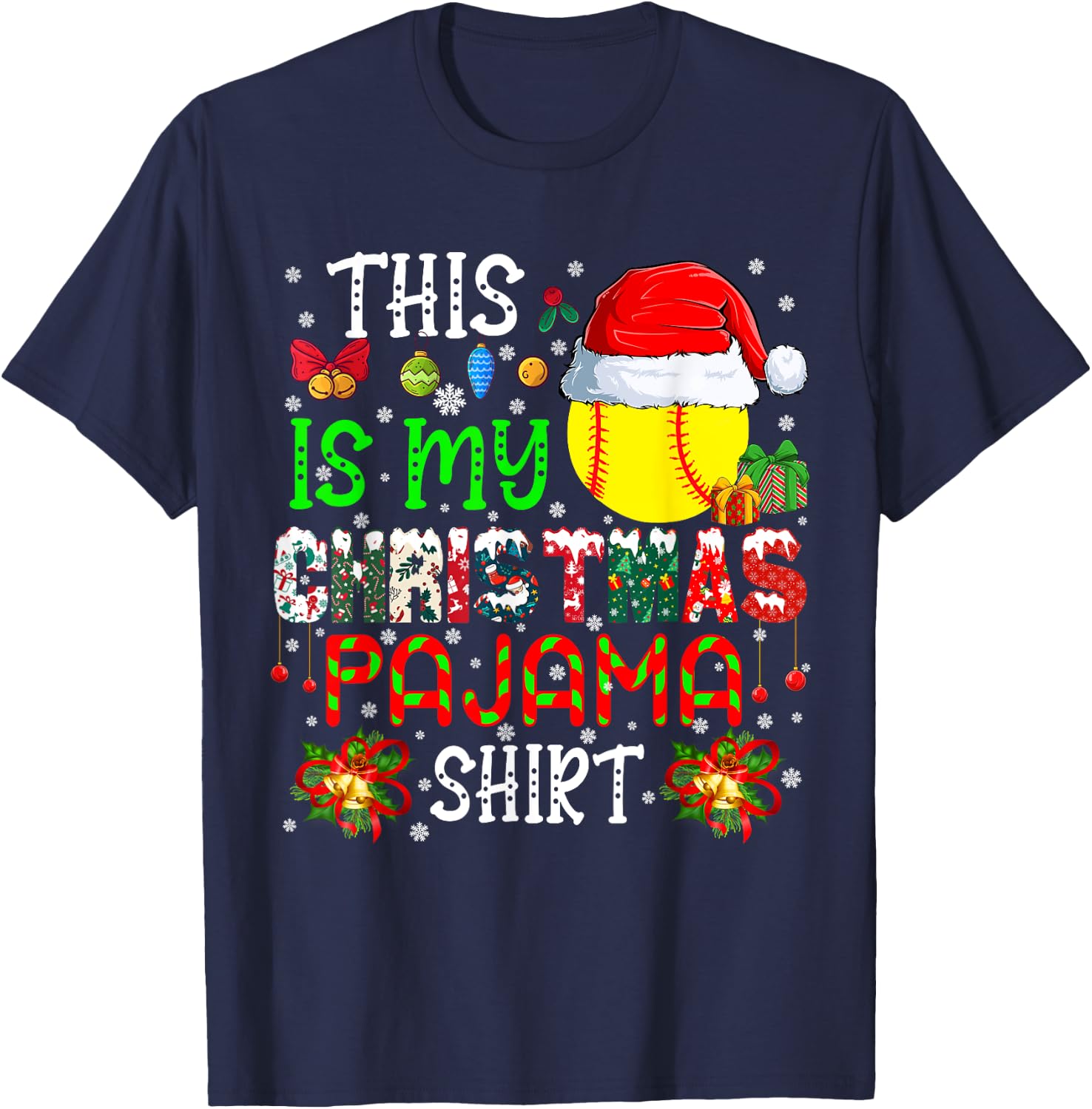 This Is My Christmas Pajama Shirt Santa Softball Ball Player T-Shirt - T-Shirt | Navy