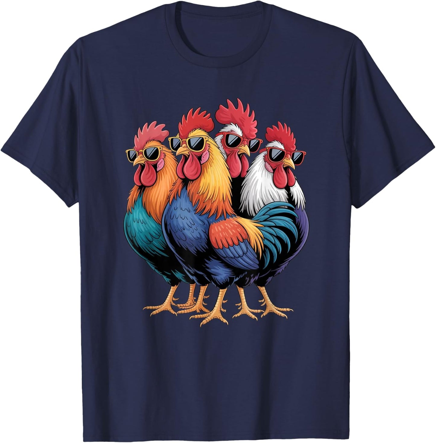 Cool Roosters with Sunglasses Colorful Chicken Farm Humour T-Shirt - T-Shirt | Navy