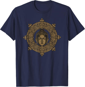 Golden Buddha Head Lotus Flower Dharma Wheel T-Shirt - T-Shirt | Navy