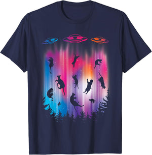 Alien Abduction Cat Flying Saucer Funny UFO T-Shirt - T-Shirt | Navy