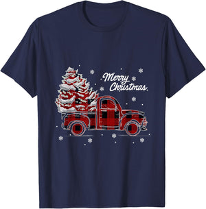 Red Truck Buffalo Plaid Vintage Merry Christmas T-Shirt - T-Shirt | Navy