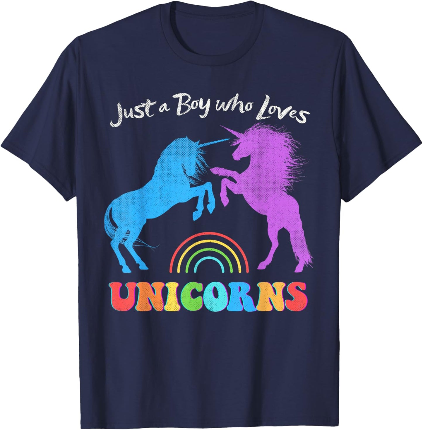 Funny Just a Boy who Loves Unicorns Retro Rainbow Distressed T-Shirt - T-Shirt | Navy