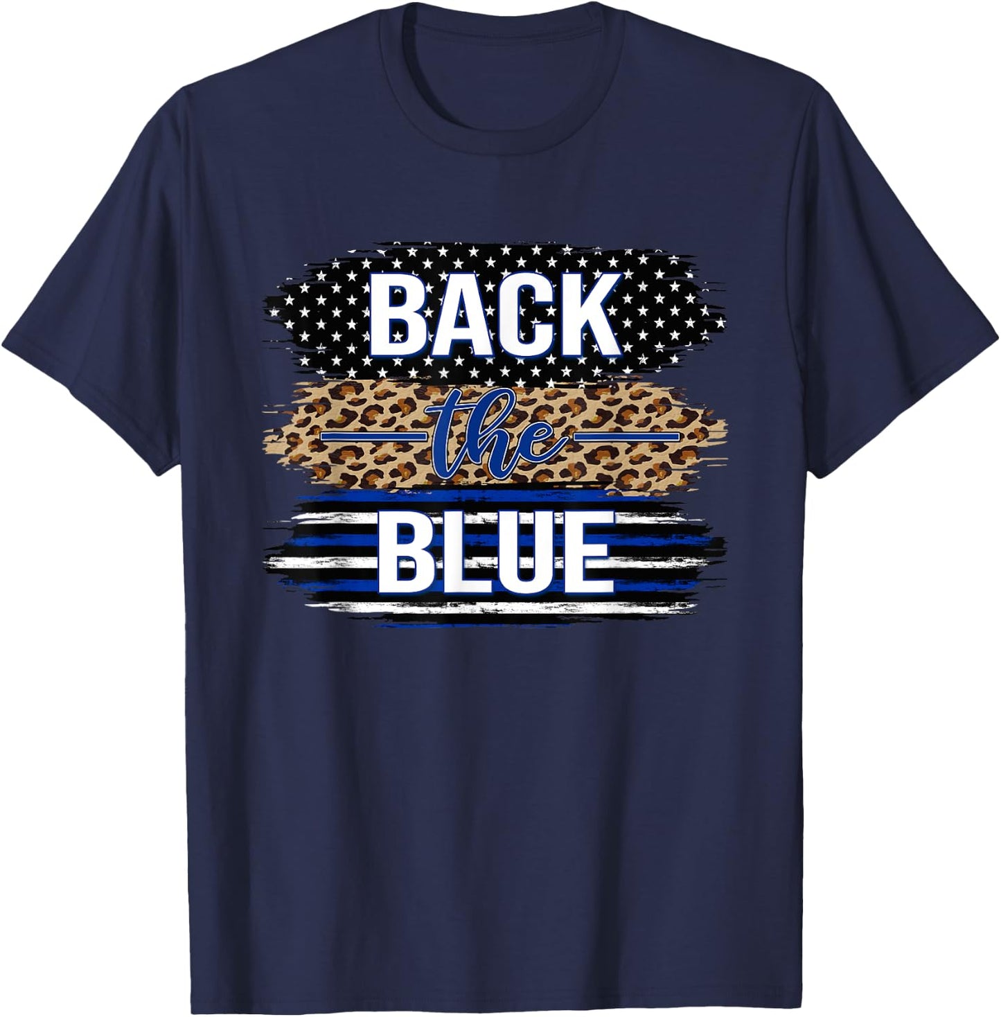 Back The Blue Women's Leopard Support Police Stars Stripes T-Shirt - T-Shirt | Navy