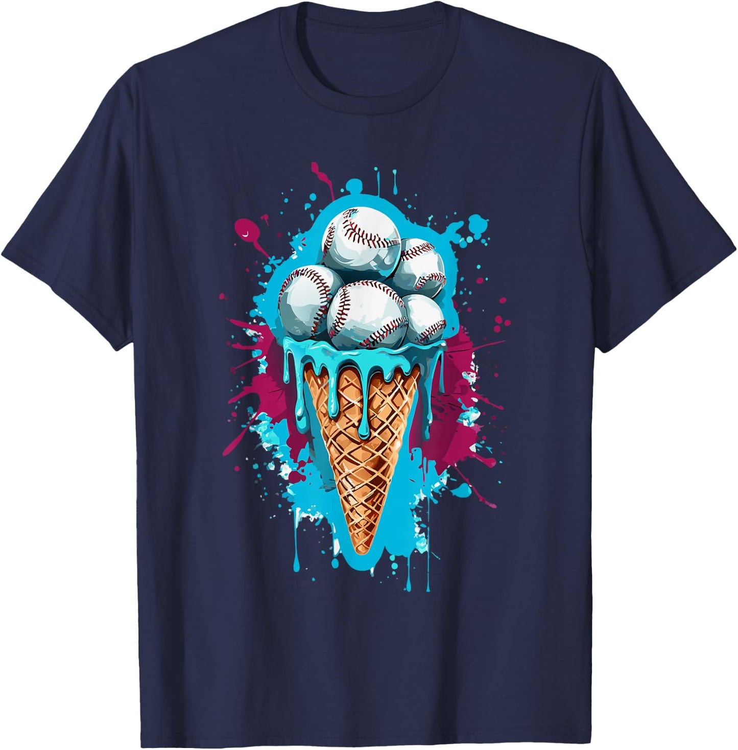 Baseball Ice Cream Watercolor T-Shirt - T-Shirt | Navy