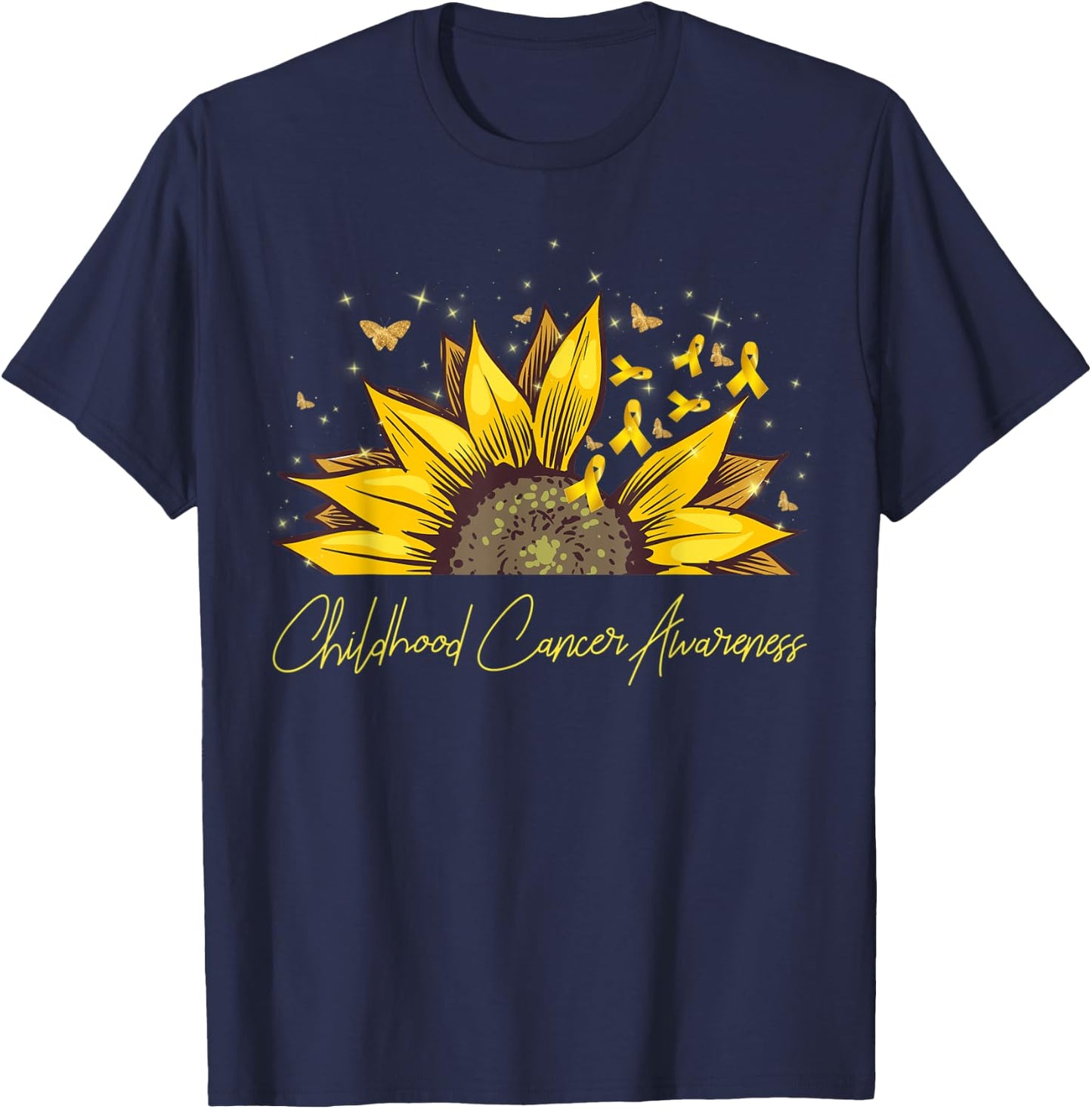Gold Ribbon Sunflower Childhood Cancer Awareness Support T-Shirt - T-Shirt | Navy