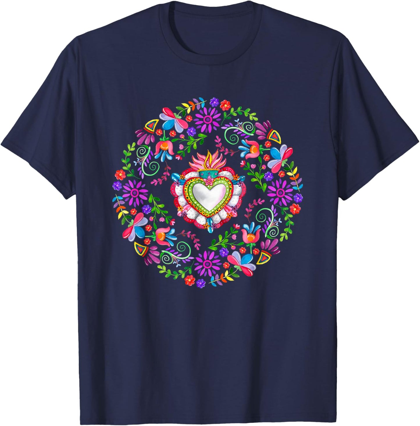 Colourful Floral Embroidery Heart Pattern Mexican Otomi T-Shirt - T-Shirt | Navy