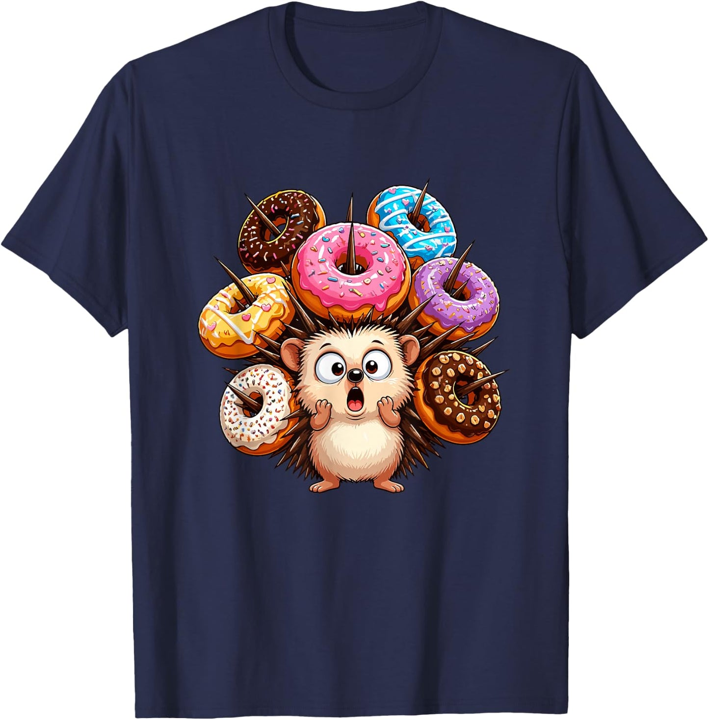 Adorable Hedgehog Surrounded By Colorful Donuts T-Shirt - T-Shirt | Navy