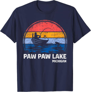 Vintage Retro Michigan Paw Paw Lake Summer Fishing Women Girls Kids T-Shirt - T-Shirt | Navy
