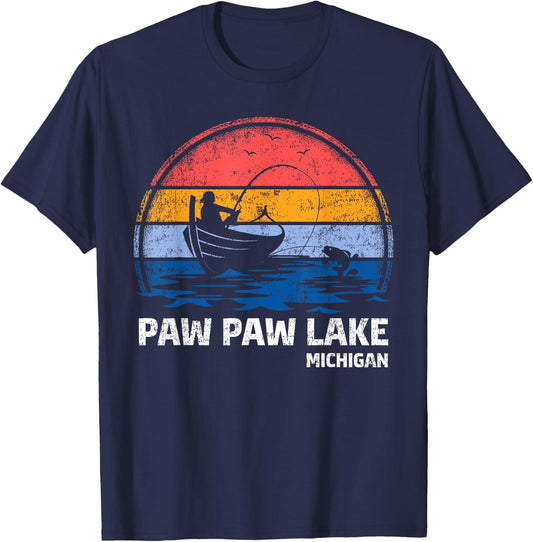 Vintage Retro Michigan Paw Paw Lake Summer Fishing Women Girls Kids T-Shirt - T-Shirt | Navy