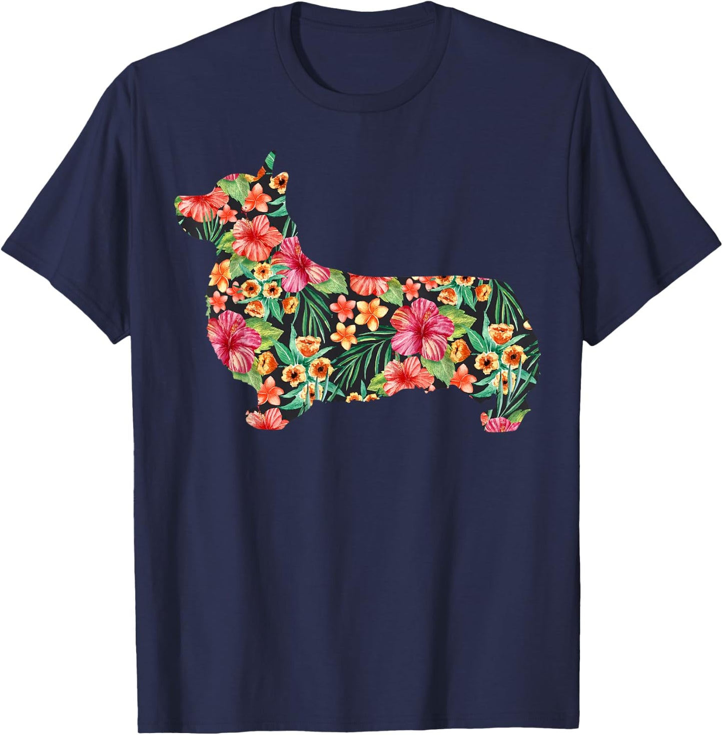 Corgi Flower Funny Dog Silhouette Floral Gifts Women Men T-Shirt - T-Shirt | Navy