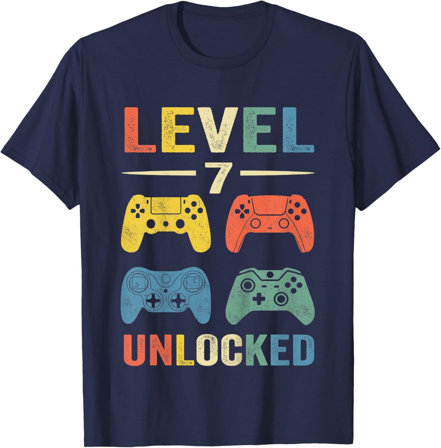 Kids Level 7 Unlocked Video Game 7th Birthday Gift T-Shirt - T-Shirt | Navy