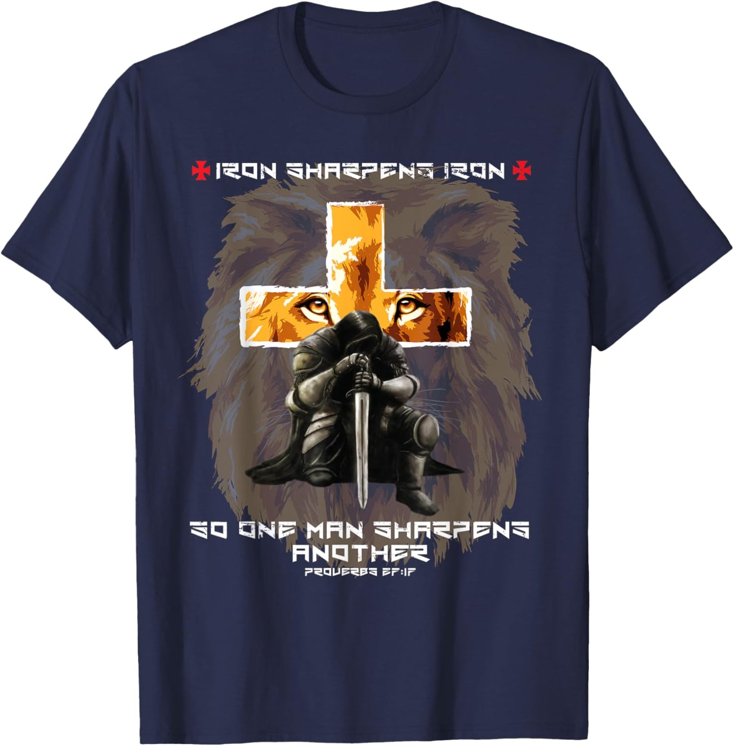 Iron Sharpens Iron Christian Scripture Crosses Lion Graphic T-Shirt - T-Shirt | Navy