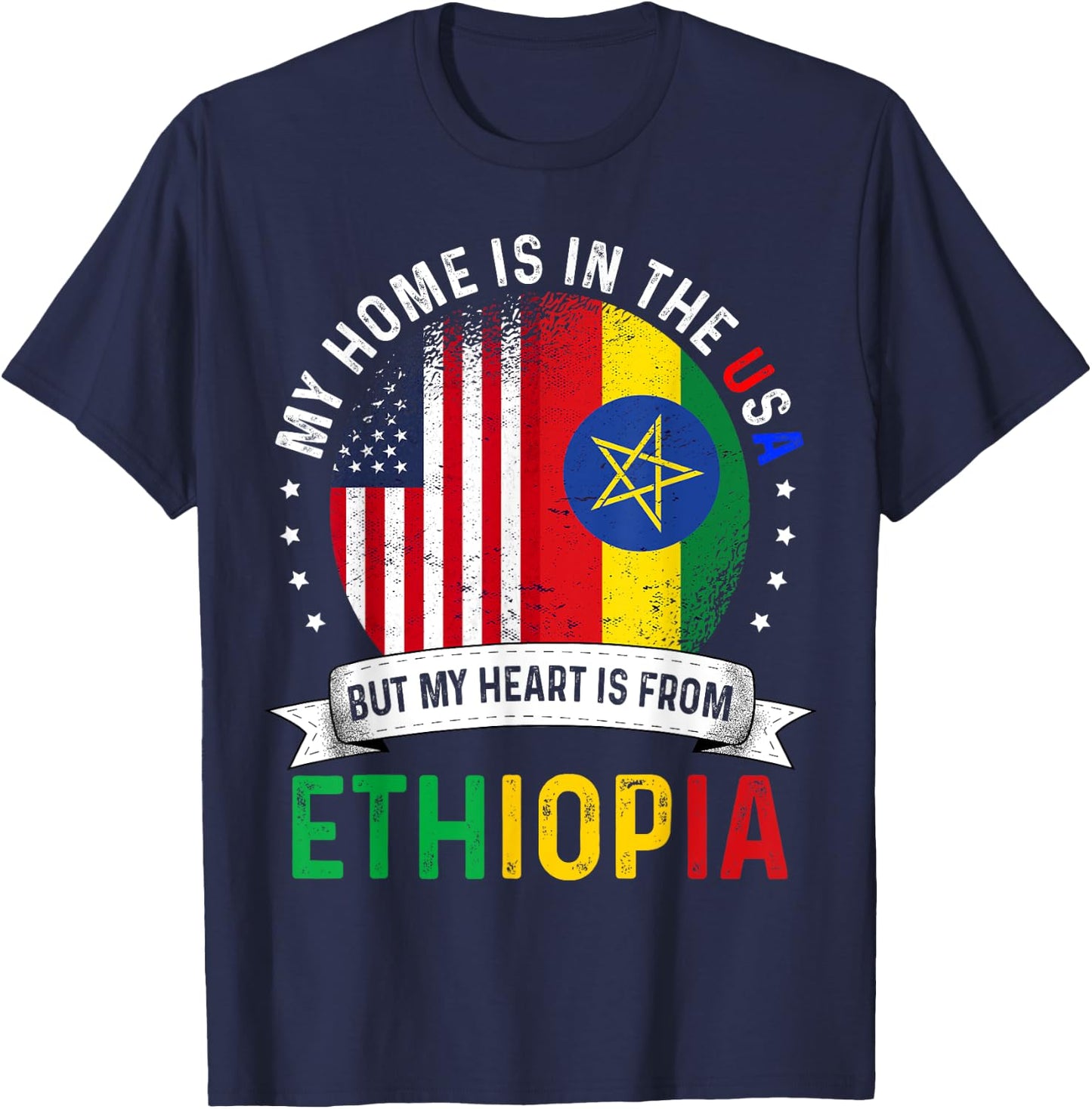Ethiopian American Patriot Heart is from Ethiopia Flag T-Shirt - T-Shirt | Navy