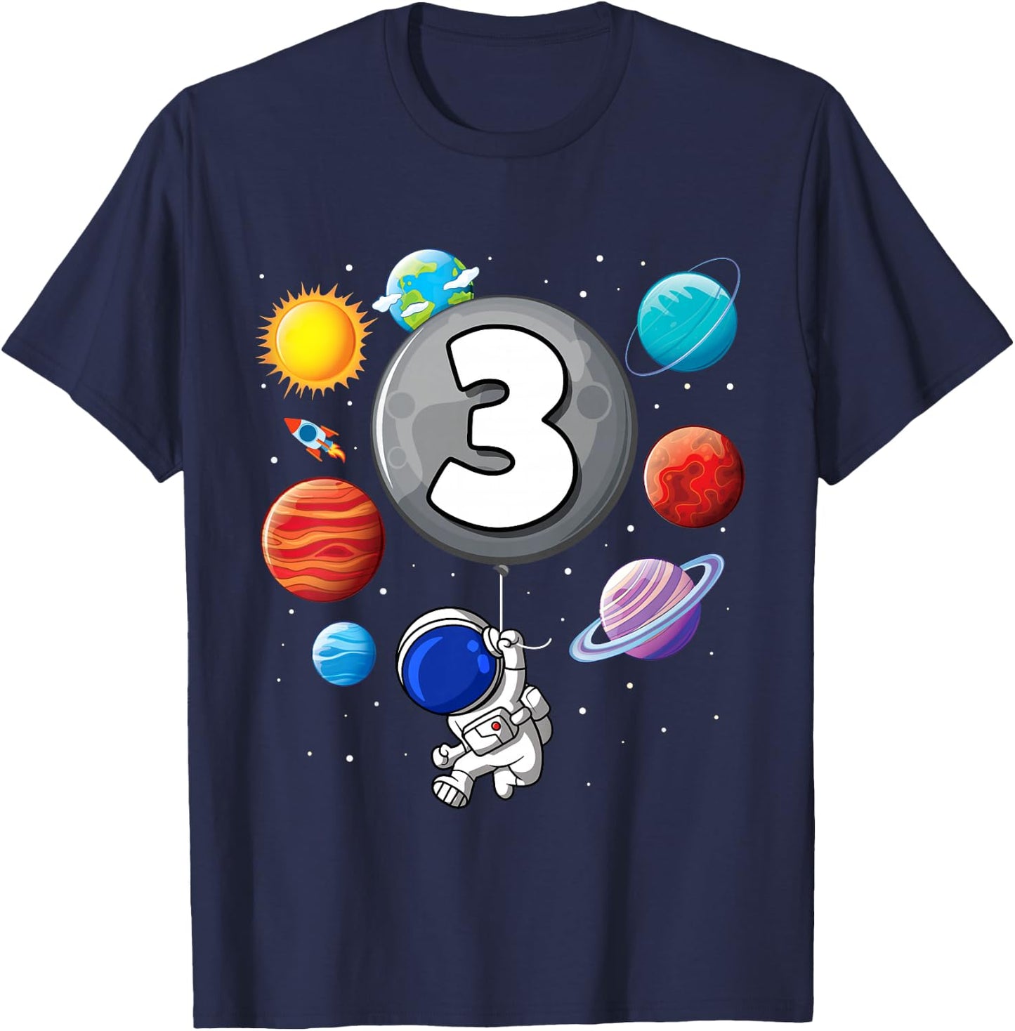 Kids Space 3rd Birthday Astronaut Balloon Planet 3 Year Old Boy T-Shirt - T-Shirt | Navy