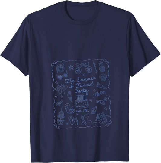 Women's Summer I Turned Forty Coquette Bow Coastal 40th Birthday V-Neck T-Shirt - T-Shirt | Navy