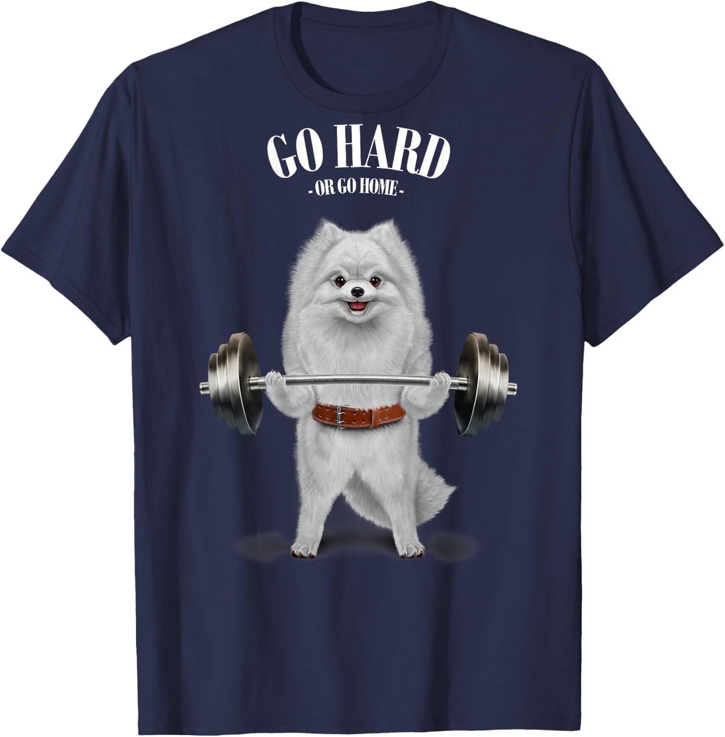 Fox Republic Design -Adults & Kids Black Cotton 100% Short Sleeve Small Classic Fit Modern Cartoon Dog White Pomeranian Dog Weightlifting in Fitness Gym T-Shirt - T-Shirt | Navy