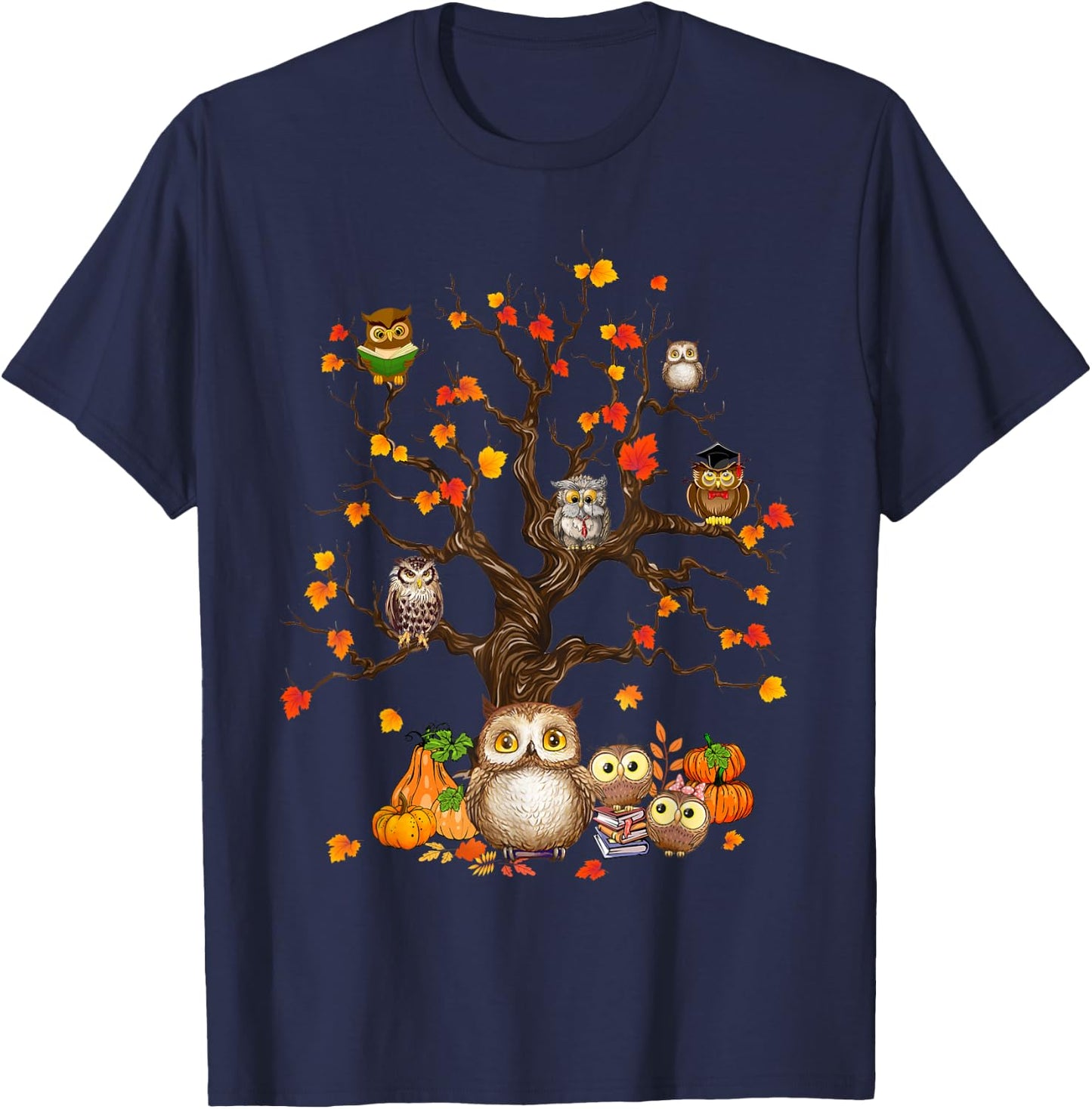 Owls Leaves Tree Fall Autumn Pumpkin Halloween Owl Lover Kid T-Shirt - T-Shirt | Navy