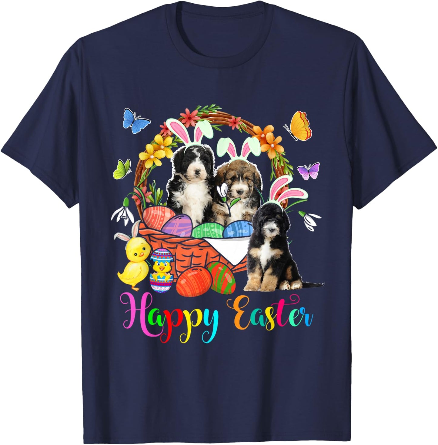 Three Bunny Bernedoodle Dogs In Easter Eggs Basket T-Shirt - T-Shirt | Navy