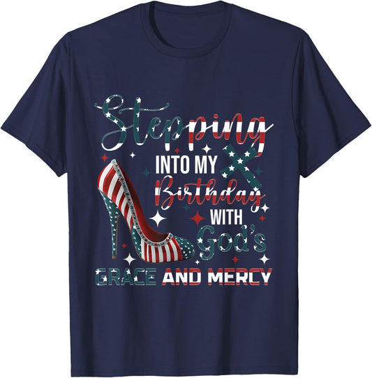 Stepping Into My Birthday with God's Grace and Mercy Blessed T-Shirt - T-Shirt | Navy