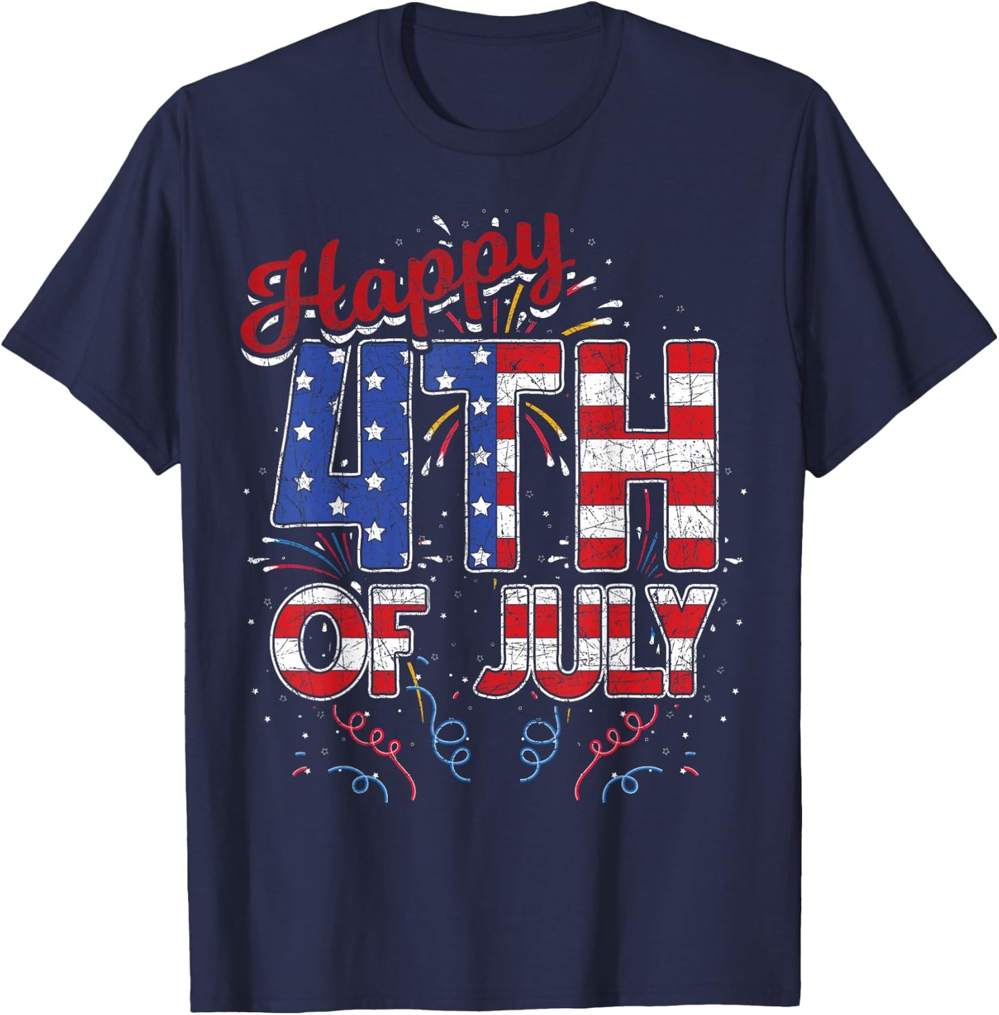Fireworks Happy 4th of July US Flag American 4th of July T-Shirt - T-Shirt | Navy
