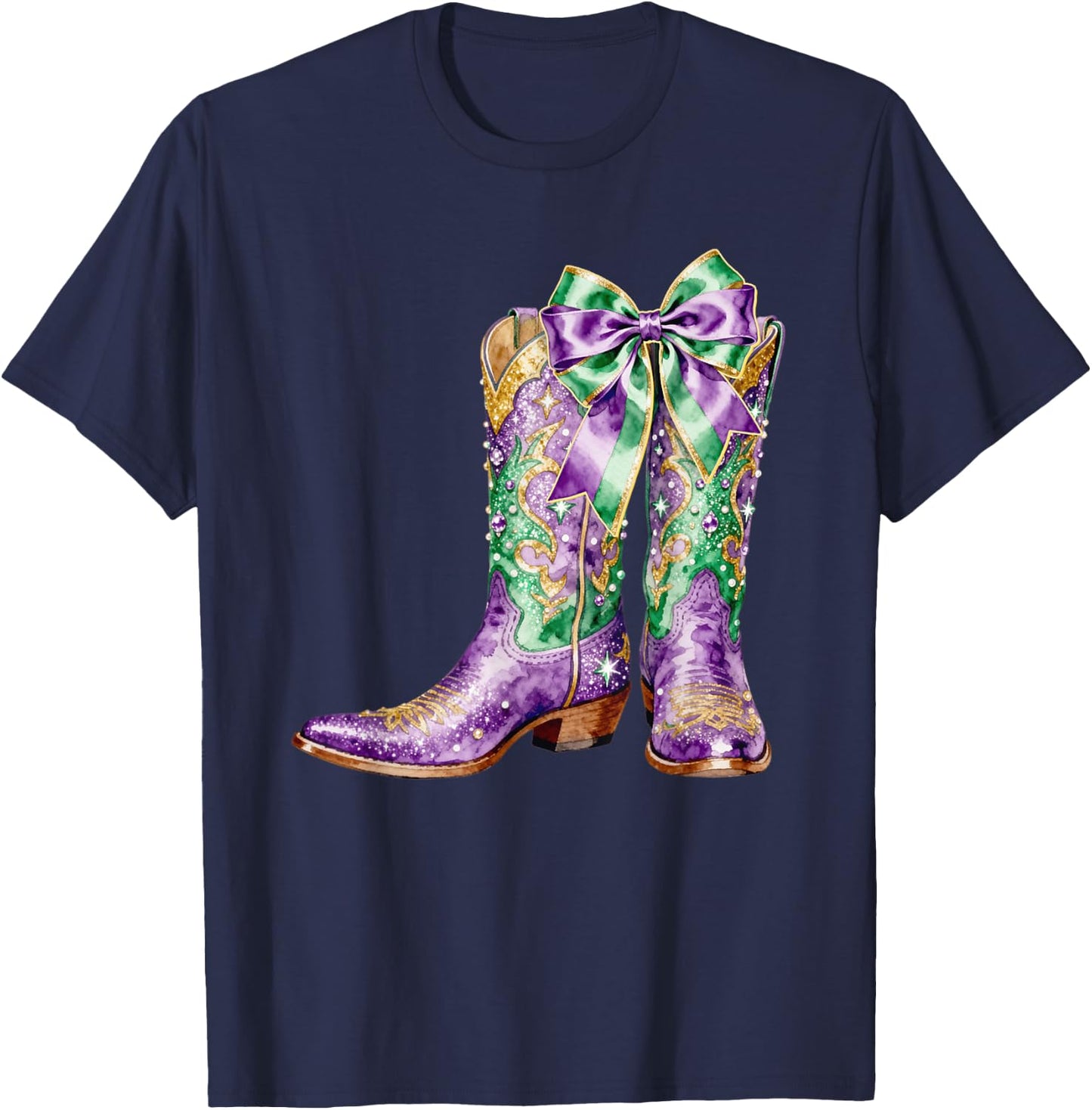 Mardi Gras Western Cowgirl Boots Coquette Bow Women Girls T-Shirt - T-Shirt | Navy